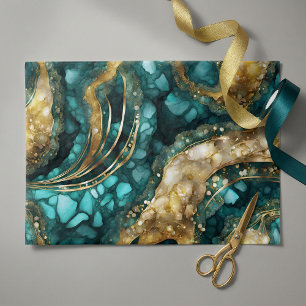 Elegant Teal Blue Gold Agate Geode Marble Abstract Tissue Paper