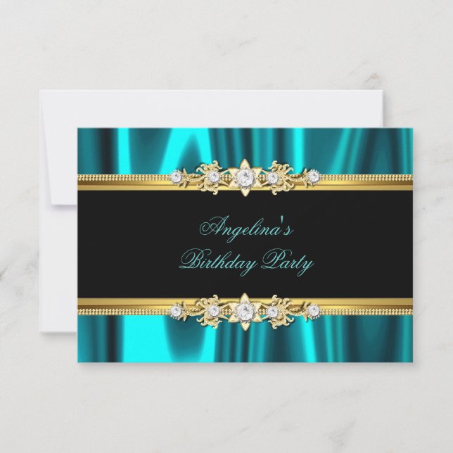 Elegant teal blue Gold Black Birthday Party Invitation (Front)