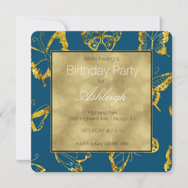 Elegant Teal Blue Gold Butterflies Birthday Invitation (Front)