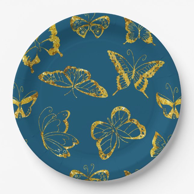 Elegant Teal Blue Gold Butterflies Birthday Paper Plate (Front)