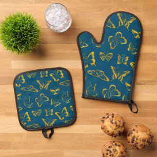 Elegant Teal Blue Gold Butterflies  Oven Mitt & Pot Holder Set