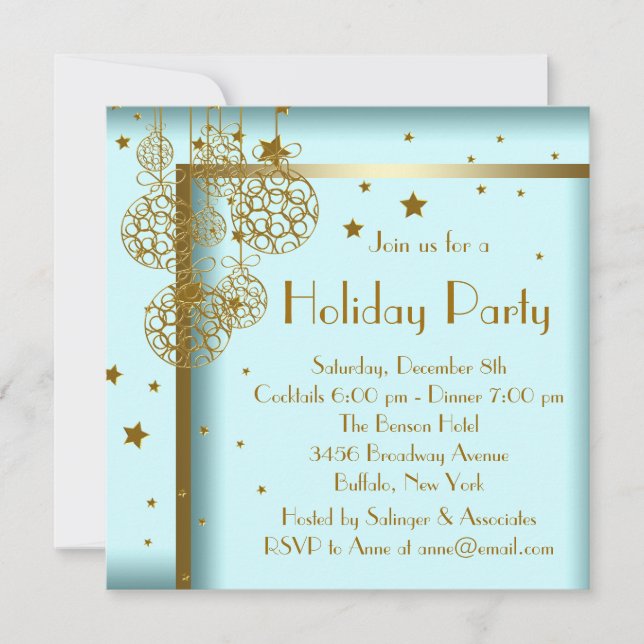 Elegant Teal Blue Gold Christmas Party Invitations (Front)