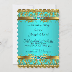Elegant Teal Blue Gold Damask Diamond Birthday 2 Invitation