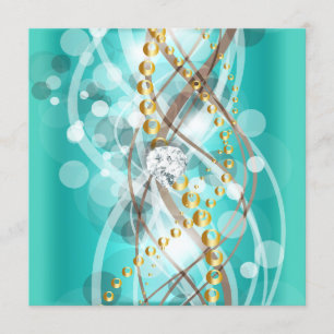 Elegant Teal Blue Gold Diamond Birthday Party Invitation