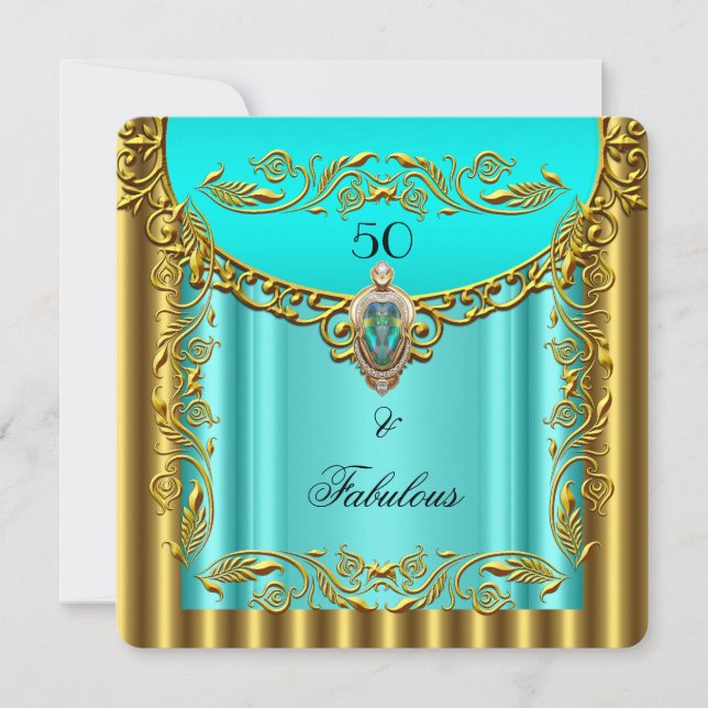 Elegant Teal Blue Gold Fabulous 50th Birthday 3 Invitation (Front)