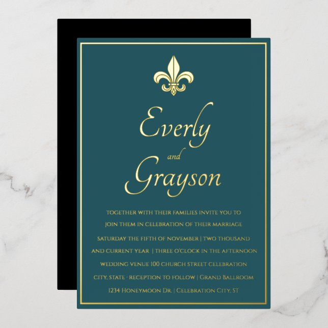 Elegant Teal Blue Gold Fleur De Lis Wedding       (Front/Back)