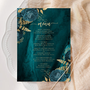 Elegant Teal Blue Gold Floral Wedding Menu