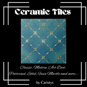 Elegant Teal Blue & Gold Squares Ceramic Tile