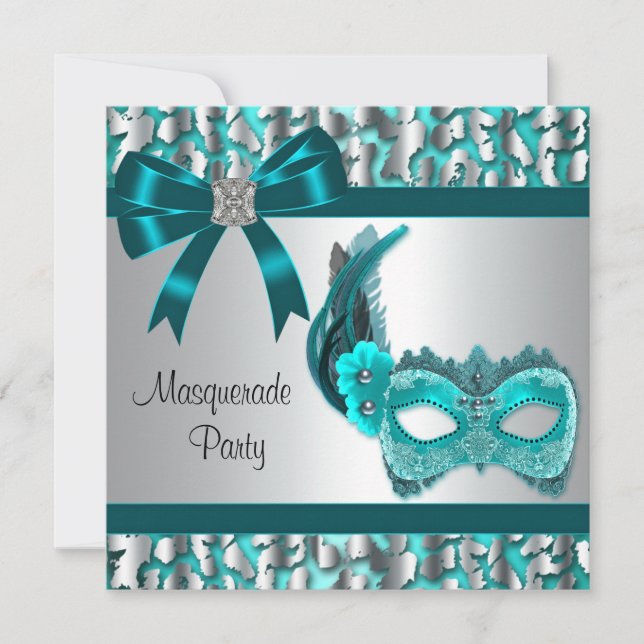 Elegant Teal Blue Leopard Masquerade Party Invitation (Front)