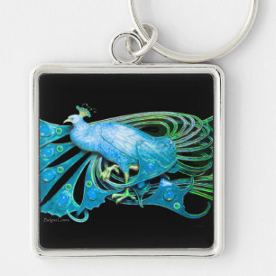 ELEGANT TEAL BLUE PEACOCK IN BLACK KEY RING