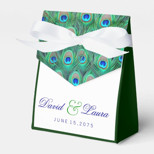 Elegant Teal Blue Peacock Wedding Favour Box (Front Side)