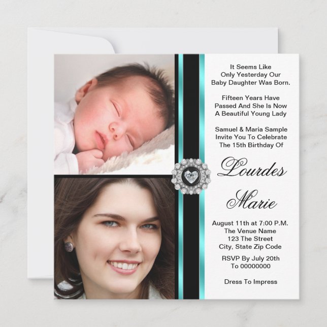 Elegant Teal Blue Photo Quinceanera Invitations (Front)