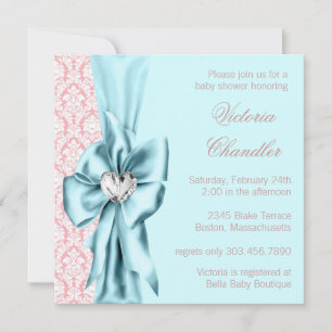 Elegant Teal Blue Pink Damask Baby Girl Shower Invitation