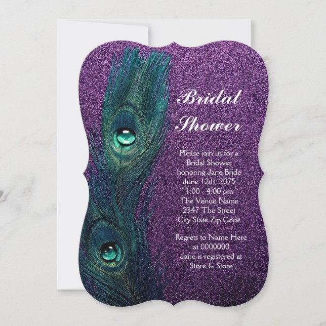 Elegant Teal Blue Purple Peacock Bridal Shower Invitation (Front)