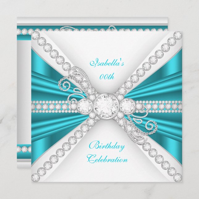 Elegant Teal Blue Silver Diamond Birthday Party Invitation (Front/Back)