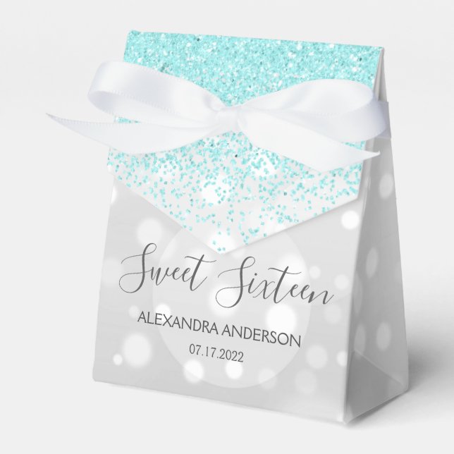 Elegant Teal Blue Silver Glitter Sweet Sixteen Favour Box (Front Side)