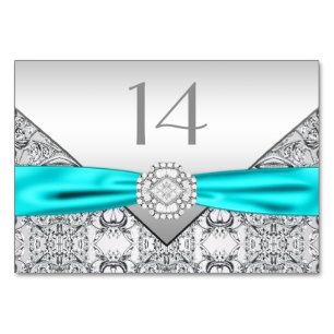 Elegant Teal Blue Silver Wedding Table Number