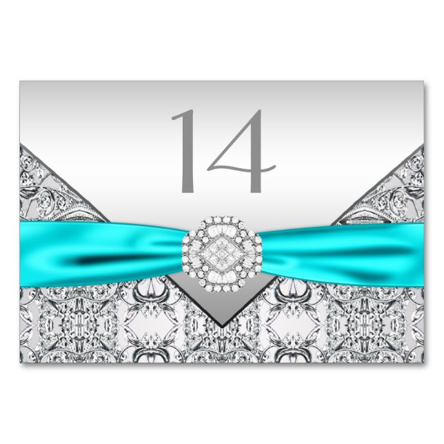 Elegant Teal Blue Silver Wedding Table Number (Front)