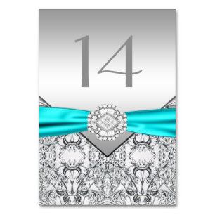 Elegant Teal Blue Silver Wedding Table Number