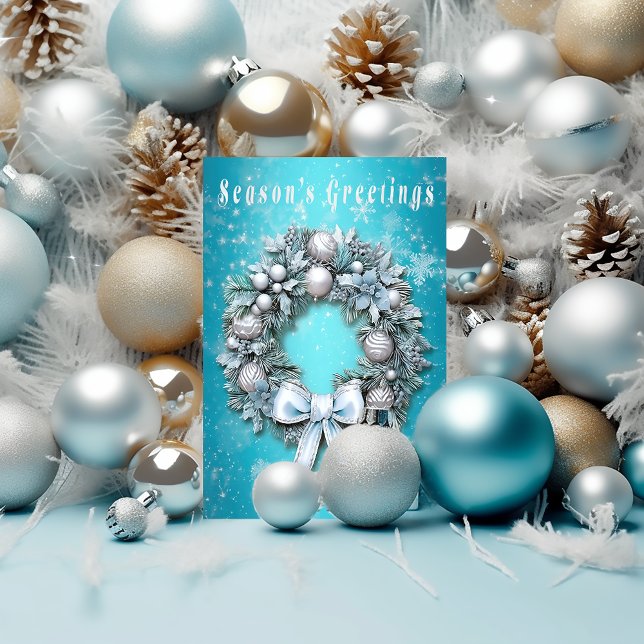 Elegant Teal Blue & Silver Wreath Christmas  Foil Holiday Card (Whimsical Teal Blue and Silver Wreath Foil Christmas Greeting Card)