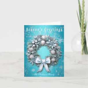 Elegant Teal Blue & Silver Wreath Christmas  Holiday Card