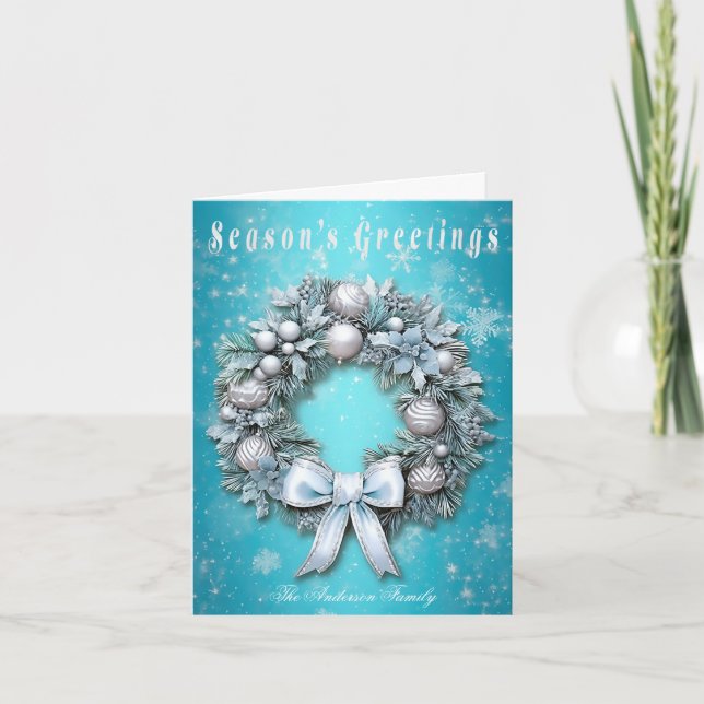 Elegant Teal Blue & Silver Wreath Christmas  Holiday Card (Front)