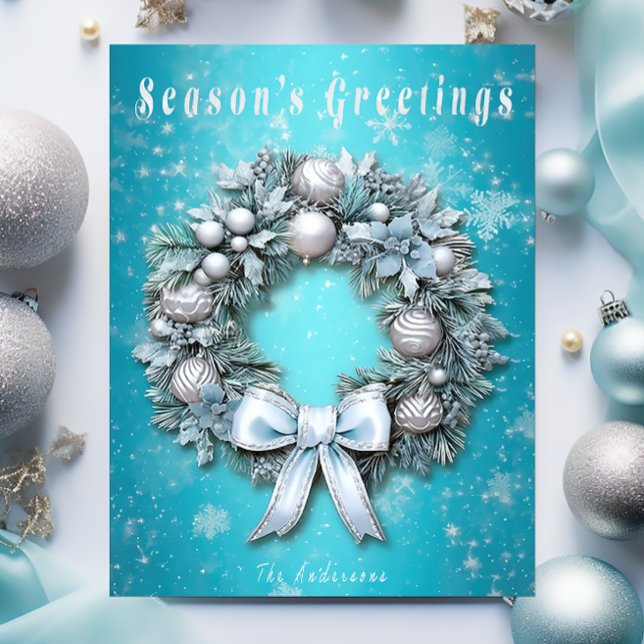 Elegant Teal Blue & Silver Wreath Christmas  Holiday Card (Creator Uploaded)