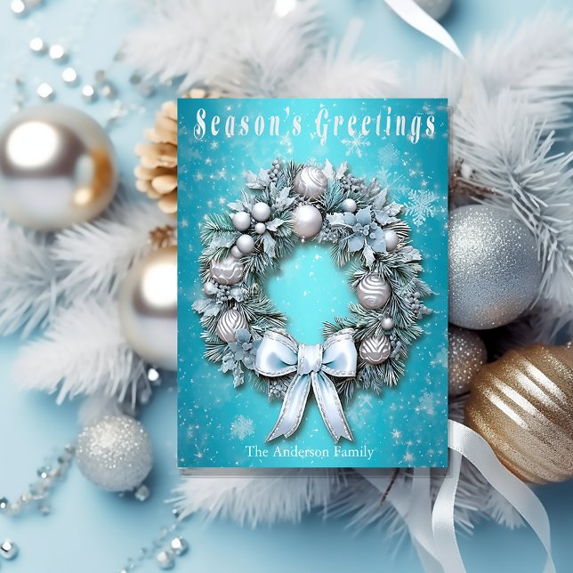Elegant Teal Blue & Silver Wreath Christmas  Holiday Postcard (Elegant Winter Wonderland Blue and Silver Wreath Christmas Postcard)