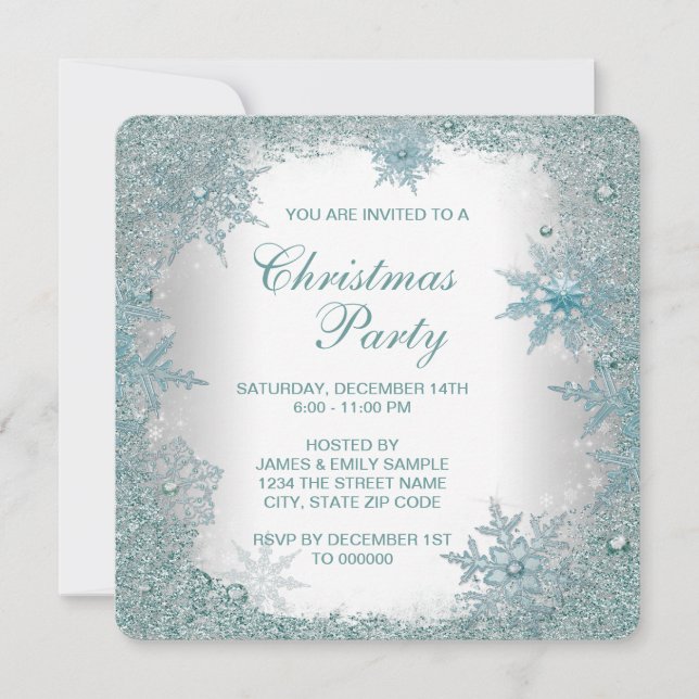 Elegant Teal Blue Snowflake Christmas Party Invitation (Front)