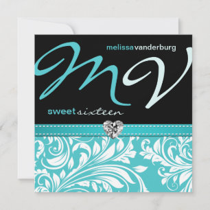 Elegant Teal blue Sweet Sixteen Birthday Invites