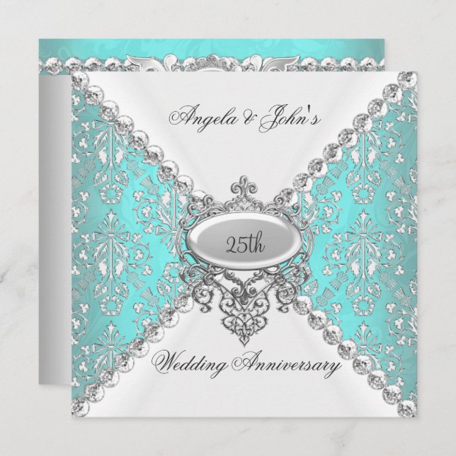 Elegant Teal Blue White 25th Wedding Anniversary Invitation (Front/Back)