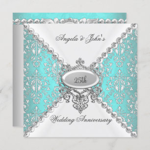 Elegant Teal Blue White 25th Wedding Anniversary Invitation