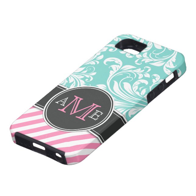 Elegant Teal Blue & white floral damask & stripes Case-Mate iPhone Case (Bottom)