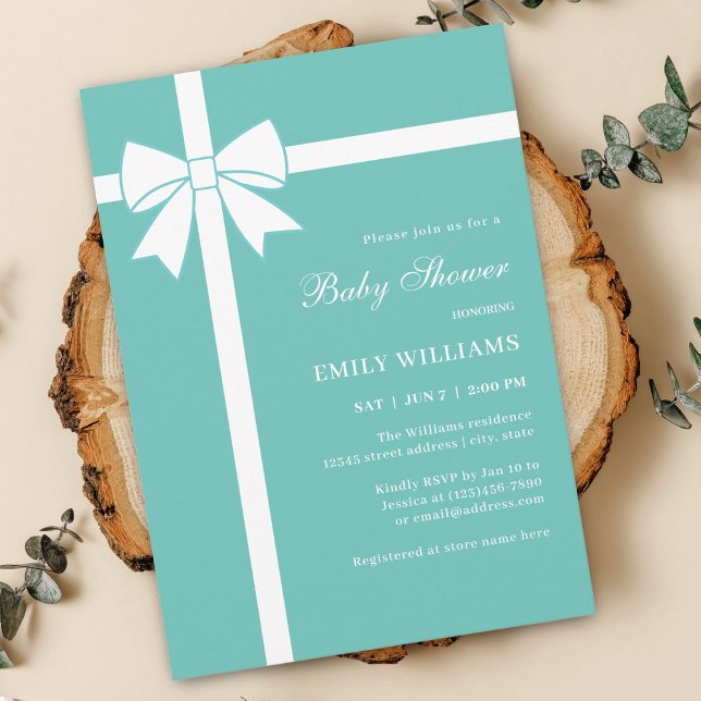 Elegant Teal Blue & White Ribbon Bow Baby Shower Invitation (Creator Uploaded)
