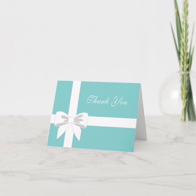 Elegant Teal Blue White Ribbon Thank You Card (Front)