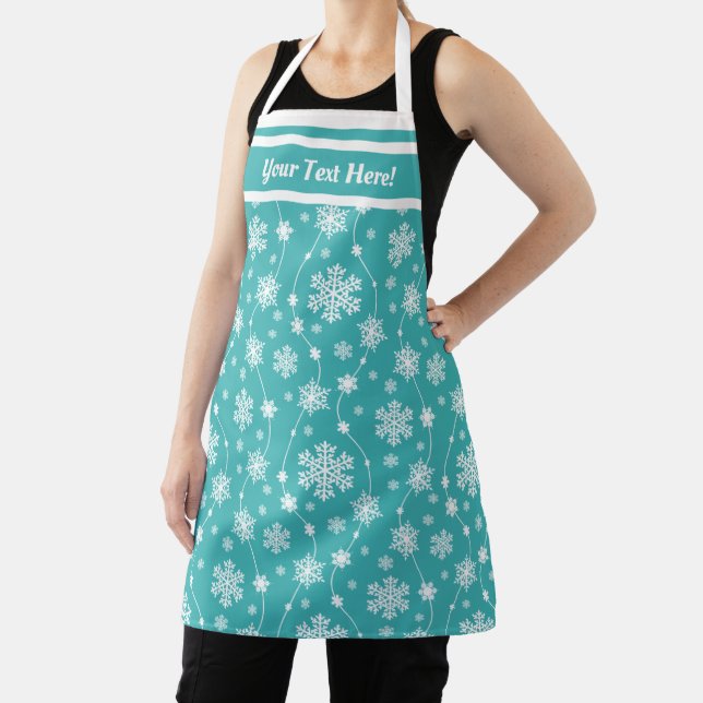 Elegant Teal Blue Winter White Snowflake Pattern Apron (Insitu)