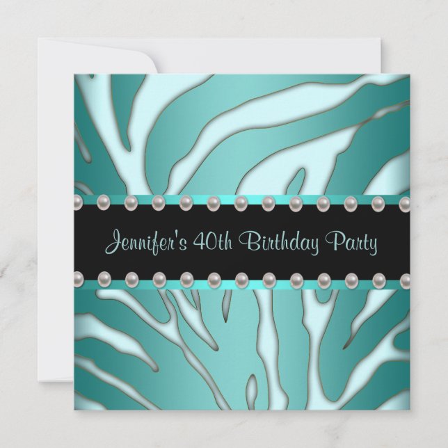 Elegant Teal Blue Zebra Womans 40th Birthday Party Invitation (Front)