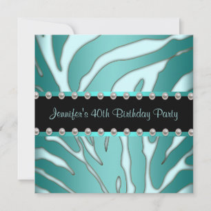 Elegant Teal Blue Zebra Womans 40th Birthday Party Invitation