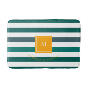 Elegant Teal Blues White Striped Monogram B & B Bath Mat