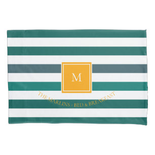 Elegant Teal Blues White Striped Monogram B & B Pillowcase