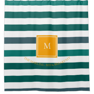 Elegant Teal Blues White Striped Monogram B & B Shower Curtain