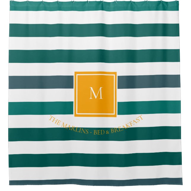 Elegant Teal Blues White Striped Monogram B & B Shower Curtain (Front)