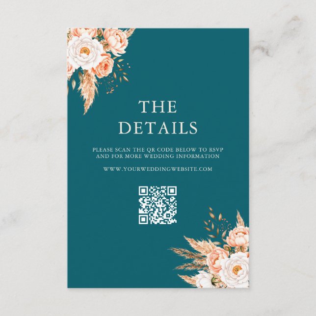 Elegant Teal Boho Chic Fall Floral Wedding Enclosure Card (Front)