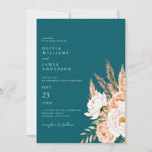 Elegant Teal Boho Chic Fall Floral Wedding Invitation