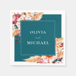 Elegant Teal Boho Chic Floral Wedding Napkin