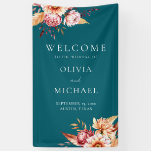 Elegant Teal Boho Chic Floral Wedding Welcome Banner