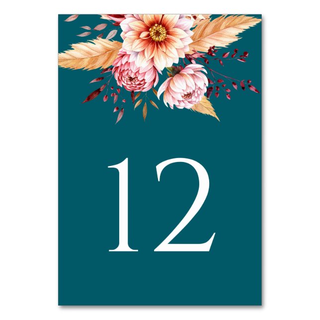 Elegant Teal Boho Floral Wedding Table Number (Front)