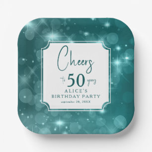 Elegant Teal Bokeh Sparkle 50th Birthday Party Paper Plate