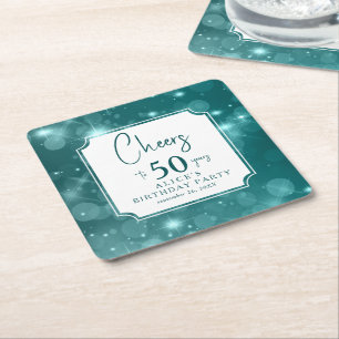 Elegant Teal Bokeh Sparkle 50th Birthday Party Square Paper Coaster