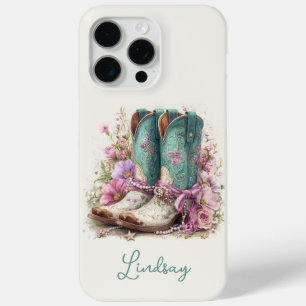 Elegant Teal Boots with Flowers Monogrammed iPhone 15 Pro Max Case